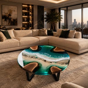 May include: Round coffee table with a unique design. The tabletop features a resin design with a beach and ocean theme, incorporating wood and a black metal base. The table is in a modern living room with a beige sectional sofa.
