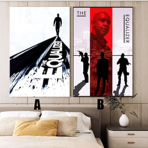 Puede incluir: Dos carteles de películas enmarcados. El cartel A presenta una figura silueteada caminando sobre un camino oscuro con el título "THE EQUALIZER". El cartel B tiene un fondo rojo y blanco con el título "THE EQUALIZER" y siluetas de figuras armadas.