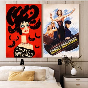 May include: Two vintage-style canvas prints. One features a woman with dramatic makeup and the text "Sunset Boulevard" on a red background. The other depicts a film scene with the same title, featuring actors and a film strip.