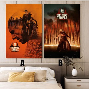 May include: Two movie posters, side-by-side, with a horror theme. The left poster is orange with a skull and figure design, and the text "28 Years Later The Bone Temple." The right poster is dark with a figure in front of a burning forest, and the same text.