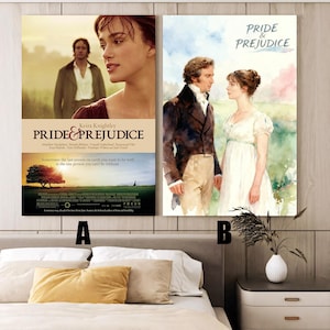 Könnte beinhalten: Zwei gerahmte Filmplakate von "Stolz & Vorurteil" werden gezeigt. Das linke Poster zeigt Keira Knightley und einen männlichen Schauspieler, mit Filmgutschriften und dem Filmtitel. Das rechte Poster ist ein Aquarellgemälde von zwei Personen mit dem Titel.
