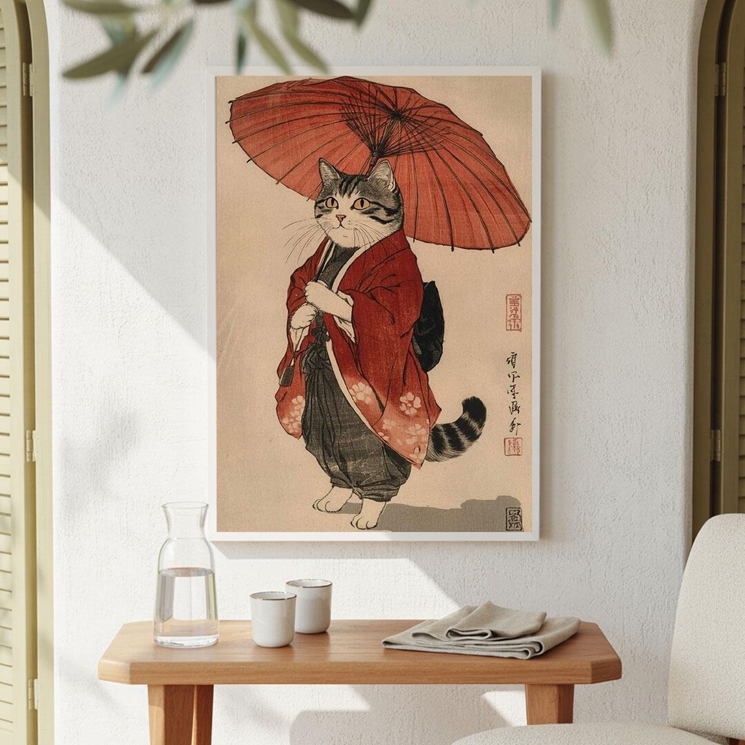 Japanese Cat Wall Art Ukiyoe Style Kimono Cat Poster Vintage Japan ...
