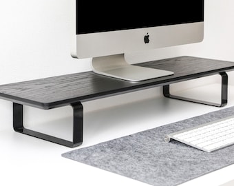 Black oak monitor stand riser, wooden desk shelf for iMac, minimalist computer stand