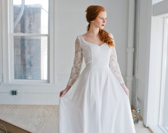 Astrid Wedding Dress; Handmade Wedding Dress, elegant silk gown with wide v-neck & stunning beaded lace sleeves