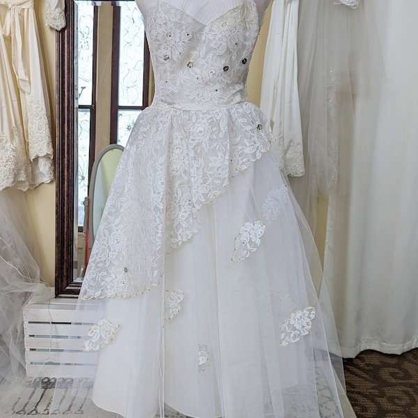 Vera Wedding Dress; 1950's Vintage Wedding Dress, kkinny strap party dress with pleated tulle, lace and beading