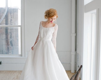 Rowan Wedding Dress; Handmade Bridal Dress, gorgeous gown with tiered layers of silk organza with lace sleeves