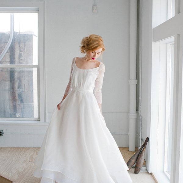 Rowan Wedding Dress; Handmade Bridal Dress, gorgeous gown with tiered layers of silk organza with lace sleeves