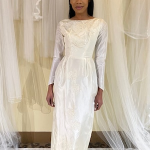 Audrey Wedding Dress; 1950&#39;s Vintage Wedding Dress, fitted satin dress, applique, with detachable train