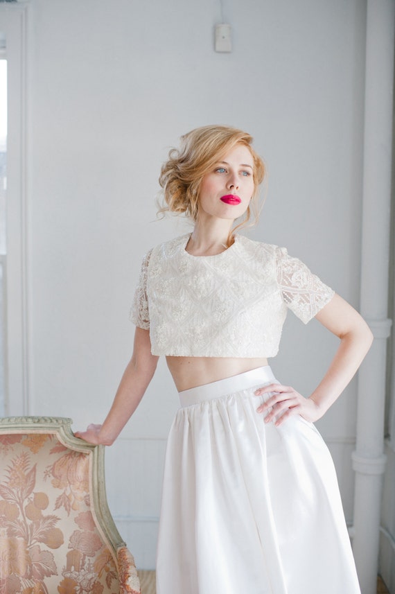 Opal Beaded Lace Crop Top Wedding Dress 