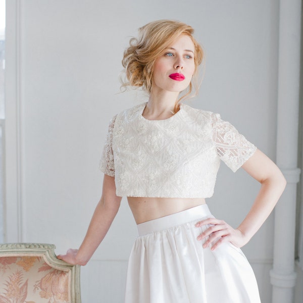 Opal Beaded Lace Crop Top Wedding Dress; Handmade Wedding Cropped Top; Bridal Crop Top