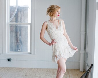 Odette Beaded Wedding Dress; Handmade Wedding Dress, gorgeous bridal beaded lace mini dress with plunging back