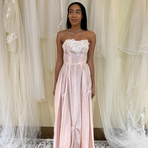 Adaline Dress; 1940&#39;s Vintage Pink Party Dress, strapless, with lace bodice, and full skirt
