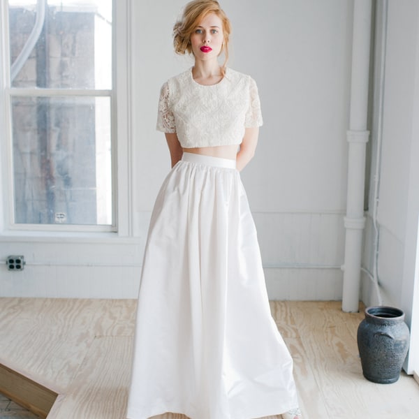 Opal Wedding Dress; Handmade Wedding Dress, beaded cropped top and high waisted luxurious floor length satin skirt