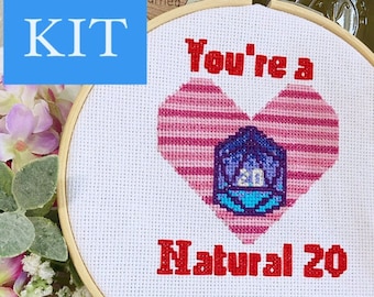 D20 DnD Nat 20  Counted Cross Stitch Complete Kit | "You're a Natural 20" |  Cute, Silly, Punny, Anniversary Gift | Ready to Ship