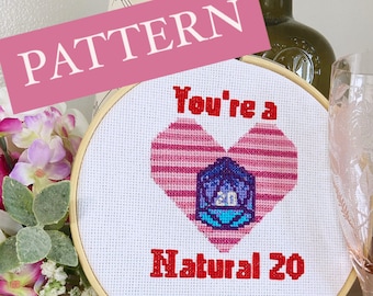 Sweet Dnd Counted Cross Stitch Pattern | Pun "You're a Natural 20" | Cute Geeky DIY Gift | PDF Download