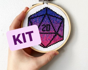Nat 20 D20 DnD Critical Roll Dice Gradient Colors Ombré Complete Counted Cross Stitch Kit | Purple, Pink, Royal Blue | Ready to Ship