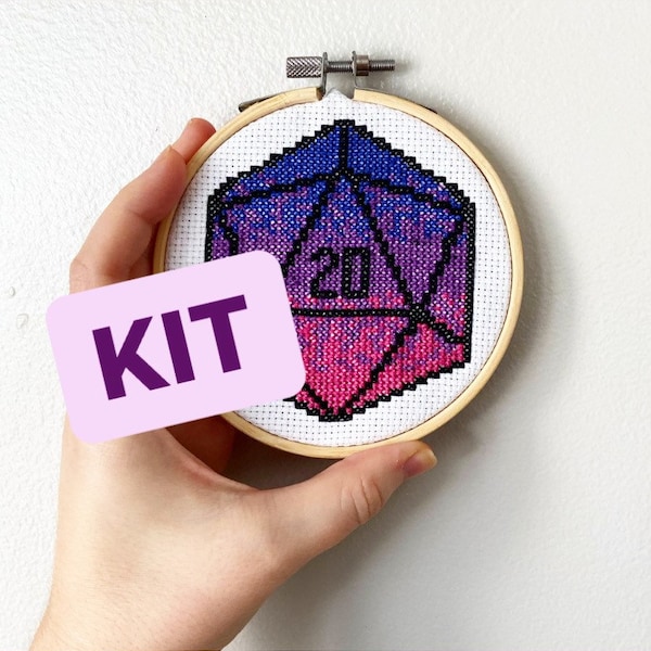 Nat 20 D20 DnD Critical Roll Dice Gradient Colors Ombré Complete Counted Cross Stitch Kit | Purple, Pink, Royal Blue | Ready to Ship