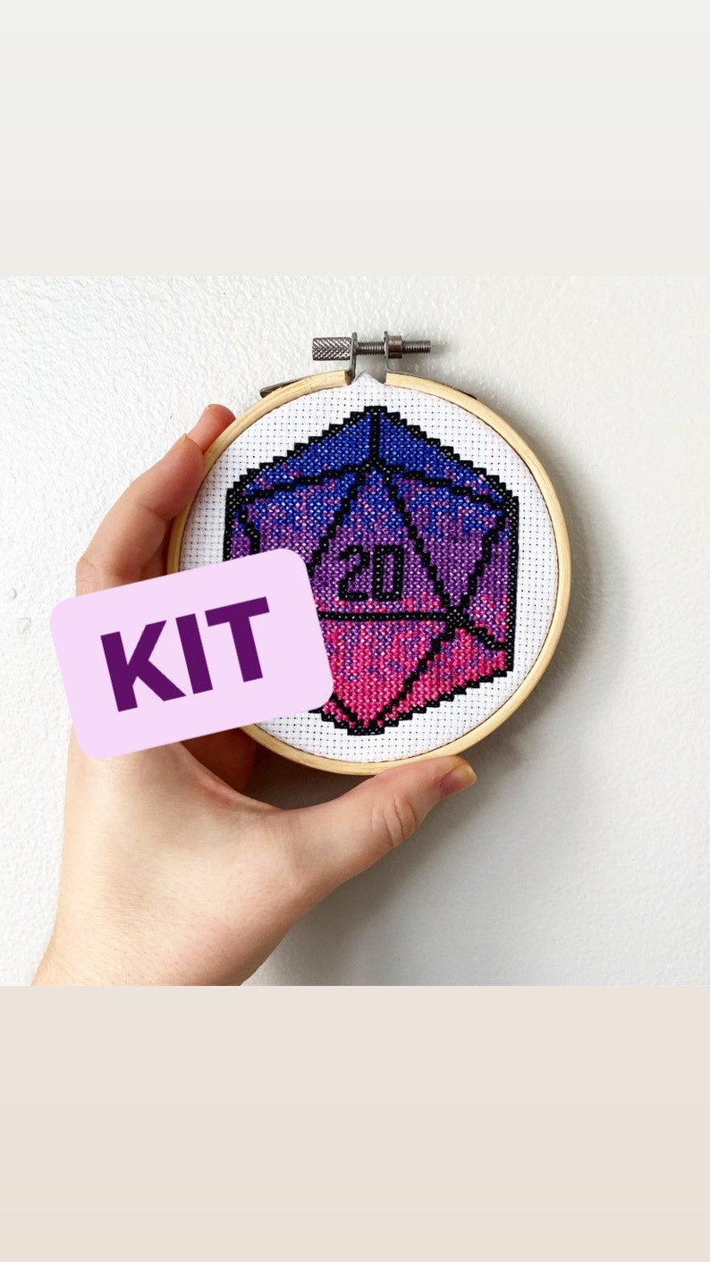 Nat 20 D20 DnD Critical Roll Dice Gradient Colors Ombré Complete Counted Cross Stitch Kit | Purple, Pink, Royal Blue | Ready to Ship 