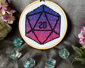 D20 DnD Gradient Ombré Natural 20 Finished Complete Cross Stitch - Nerdy Geeky Gift