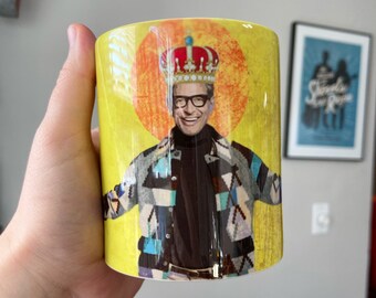 King Saint Jeff Goldblum Crowned in Cardigan | Silly Unique Valentine's Day Gift for Her Him | Hot Chocolate Tea Coffee Mug | Ready to Ship