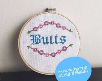 Silly Butts and Flower Border Cross Stitch Digital Download PDF Pattern | Beginner First Time | Decorative Fancy Letters | 6 Inch Pattern