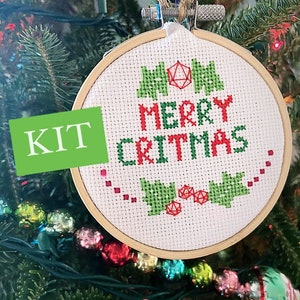 Dungeons and Dragons D20 Dice and Holly  “Merry Critmas” Christmas Tree DIY Ornament Complete Counted Cross Stitch Kit 3 Inch- Ready to Ship