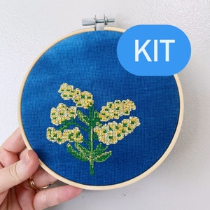 Goldenrod Flower Kentucky State Flower Counted Cross Stitch Kit | Hand-Dyed Royal Blue Fabric | | Ready to Ship