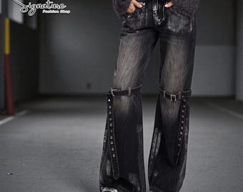 Wide Leg Denim Pants | Gothic Buckle Straps | Grunge Streetwear Style