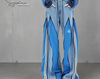 Damen Patchwork Jeans | Hose mit weitem Bein | Denim Mode | Urbaner Streetwear-Style