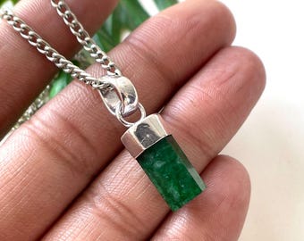 Raw Emerald Silver Pendant Necklace, Healing Crystal Jewelry