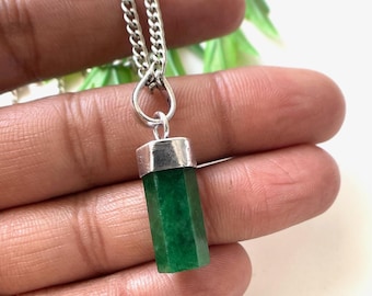 Zambian Emerald Silver Pendant Necklace, Raw Crystal Stone Jewelry