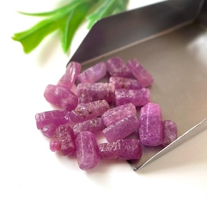 May include: A collection of raw, uncut pink ruby gemstones. The gemstones are a vibrant magenta color and have a rough, textured surface. They are displayed on a silver tray, with a sprig of green foliage in the background.