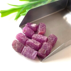 May include: A collection of rough, uncut ruby gemstones in varying shades of pink and red. The gemstones are displayed in a small, silver metal tray, with green leaves in the background. The gemstones are of various sizes and shapes.