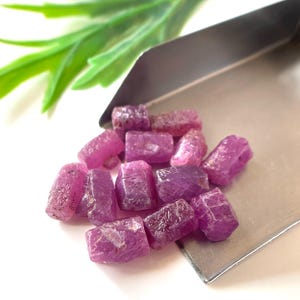 May include: A collection of rough, uncut ruby gemstones in varying shades of pink and purple. The gemstones are displayed on a silver tray, with a sprig of green foliage in the background. The gemstones are irregularly shaped.