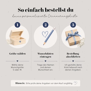 Peut inclure: Infographie en trois &eacute;tapes pour commander une bo&icirc;te &agrave; souvenirs personnalis&eacute;e. Elle pr&eacute;sente une bo&icirc;te en bois ouverte, un crayon dessinant un c&oelig;ur et un cadeau emball&eacute;. Le texte est en allemand.