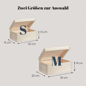 Peut inclure: Deux bo&icirc;tes en bois ouvertes, &eacute;tiquet&eacute;es 'S' et 'M', avec les dimensions affich&eacute;es. La petite bo&icirc;te mesure 15 cm x 20 cm x 10 cm, et la grande bo&icirc;te mesure 20 cm x 30 cm x 14 cm. Le texte 'Zwei Gr&ouml;&szlig;en zur Auswahl' est en haut.