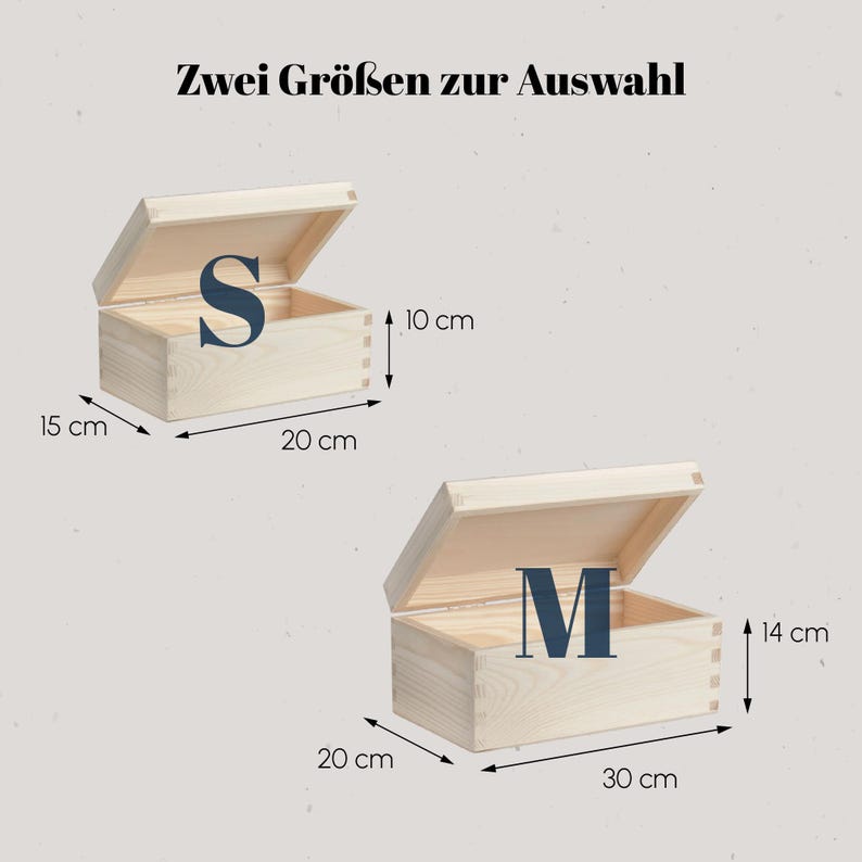 Peut inclure: Deux bo&icirc;tes en bois ouvertes, &eacute;tiquet&eacute;es 'S' et 'M', avec les dimensions affich&eacute;es. La petite bo&icirc;te mesure 15 cm x 20 cm x 10 cm, et la grande bo&icirc;te mesure 20 cm x 30 cm x 14 cm. Le texte 'Zwei Gr&ouml;&szlig;en zur Auswahl' est en haut.