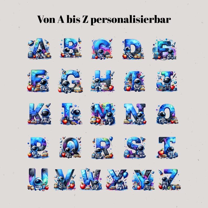 Peut inclure: Un alphabet complet, de A &agrave; Z, est pr&eacute;sent&eacute; dans une grille. Chaque lettre est d'un bleu vif, orn&eacute;e d'images sur le th&egrave;me de l'espace, comme des astronautes, des plan&egrave;tes et des livres. Le texte "Von A bis Z personalisierbar" est en haut.