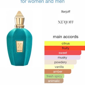 Könnte beinhalten: Eine türkisfarbene Xerjoff-Parfümflasche mit goldenem Verschluss. Das Bild enthält den Text "Erba Pura Xerjoff for women and men" und eine Liste der Hauptakkorde: Zitrus, fruchtig, süß, moschusartig, pudrig, Vanille, Amber, frisch-würzig und animalisch.