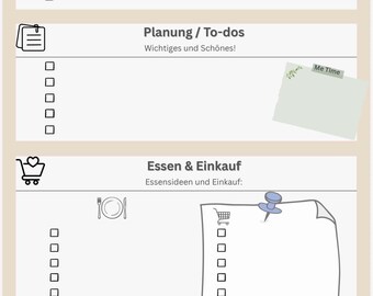 May include: A planner with sections for household tasks, to-dos, and meal planning. Each section includes checkboxes for listing items. A sticky note with "Me Time" is attached to the to-do section. The planner is designed to help organize daily activities.