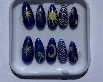 Celestial Nails, Starry Fake Nails, Spiral Press On, Blue Glitter Handmade Nails, Press On Nails