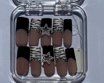 Y2K Zebra Print Press On Nails, Black French Nail Set, 3D Charms Square Handmade Nails