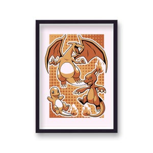 Puede incluir: Una impresión enmarcada con tres personajes de dibujos animados: un gran dragón naranja con alas y dos criaturas naranjas más pequeñas. El fondo es un patrón de puntos en tonos naranja y marrón. La impresión está en un marco negro.