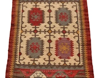 Kilim Rug, Wool And Jute Rug, Navajo Kilim Dhurrie Rug, Indian Traditional jute Area rug 8x10 Vintage Kilim Rug, Custom Size Rug,