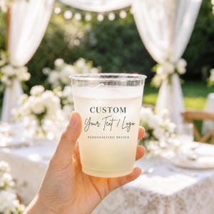 May include: A clear plastic disposable cup filled with a light-coloured beverage. The cup features black printed text that reads CUSTOM, Your Text / Logo, and PERSONALIZED DESIGN in a combination of serif and script fonts centred on the front.