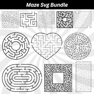 May include: A black and white Maze SVG Bundle with various maze designs. The mazes are in different shapes, including squares, circles, hearts, and ovals. The text "Maze SVG Bundle" is at the top.