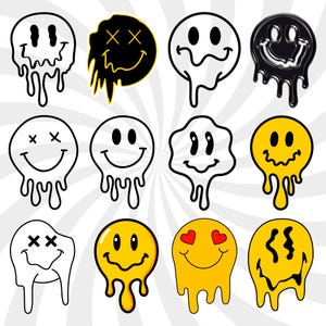 Puede incluir: Una colección de doce diseños de caras sonrientes derritiéndose en varios colores y estilos. Los diseños incluyen caras sonrientes negras, blancas y amarillas con diferentes expresiones, incluyendo corazones en los ojos. El fondo tiene un patrón radial.
