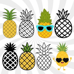 May include: A collection of eight pineapple illustrations. Some are yellow with green tops, others are black and white outlines. One pineapple wears blue sunglasses, and another has heart-shaped sunglasses and a smiling face.