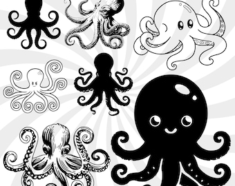 Paquete de imágenes prediseñadas de pulpo, imágenes prediseñadas de pulpo, imágenes prediseñadas de pulpo, archivos de corte de pulpo, contorno de pulpo, imágenes prediseñadas de kraken, imágenes prediseñadas de animales marinos, silueta de pulpo
