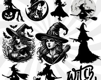 Halloween Witch Silhouette SVG Bundle, Clipart Cut Files (Digital Download)